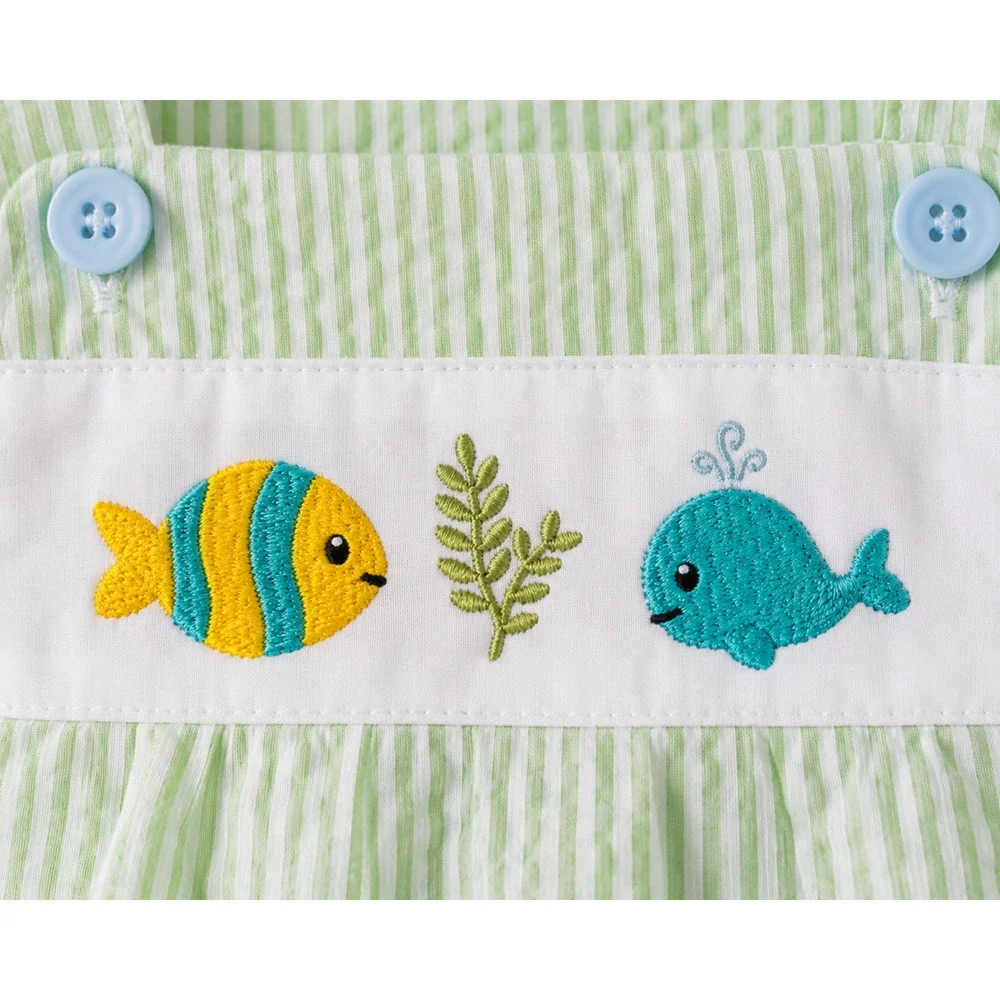 Baby Boy Bubble Romper 3-6M Green Seersucker Fish Whale Embroidered Boutique
